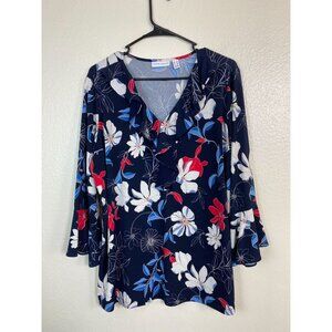 Susan Graver Womens Floral Ruffle V-Neck flare Sleeve tunic Top Plus Size 1XL li
